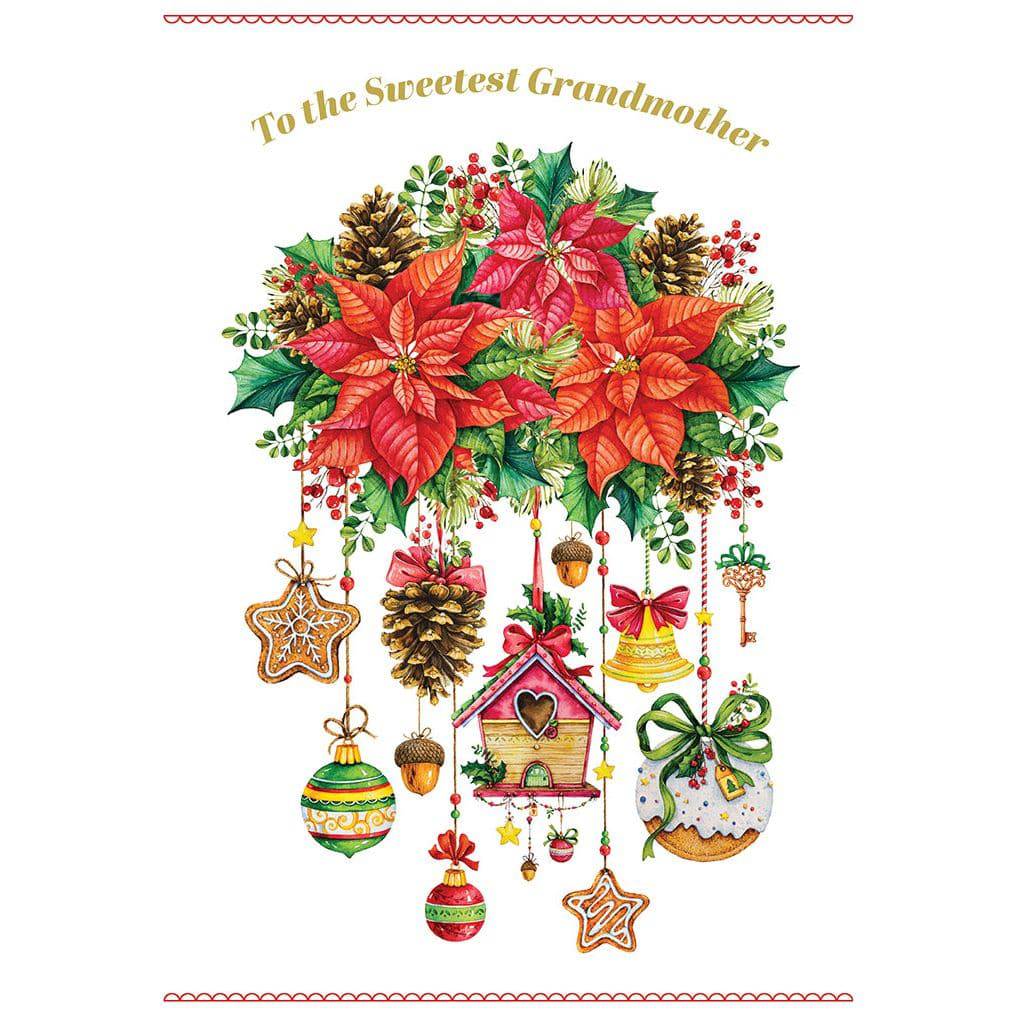 Pictura Christmas card featuring a poinsettia with hanging ornaments, designed for grandmothers, festive holiday greeting.